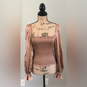 REFORMATION SILK PUFF LONG SLEEVE SMOCKED SQUARE NECK ROYALCORE TAN TOP